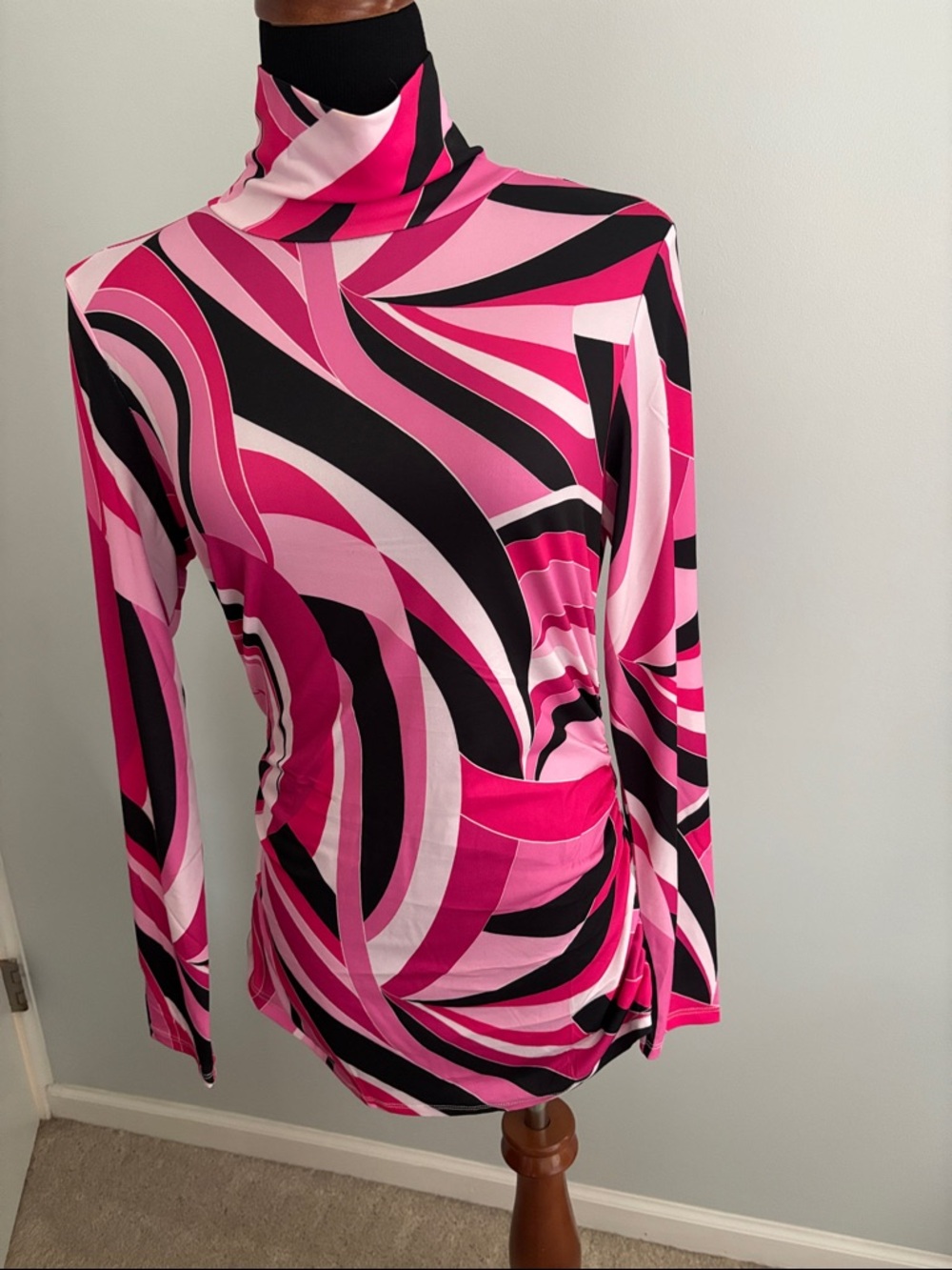 Boston Proper Pink and Black Swirl Turtleneck Long Sleeve Top